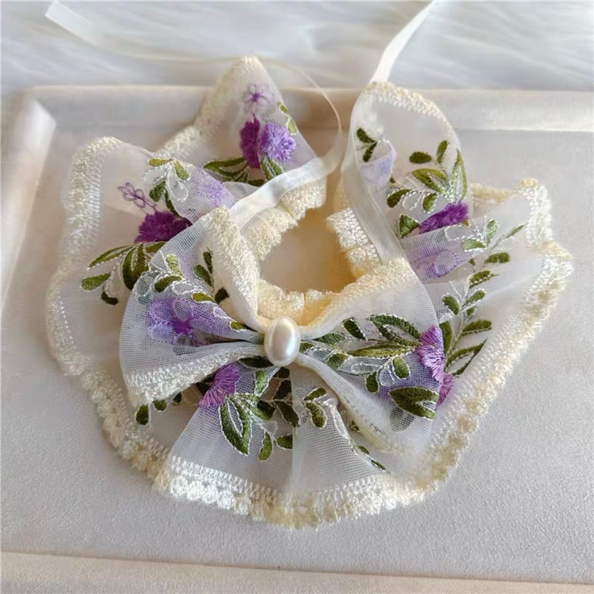 フラワー刺繍リボンエプロン 猫 すたい 付け襟 猫グッズ