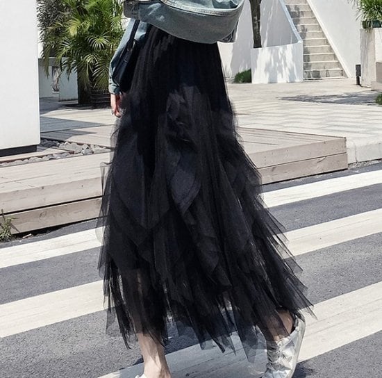 ポロラルフローレン シルク シフォン フレアロングスカート レース 黒