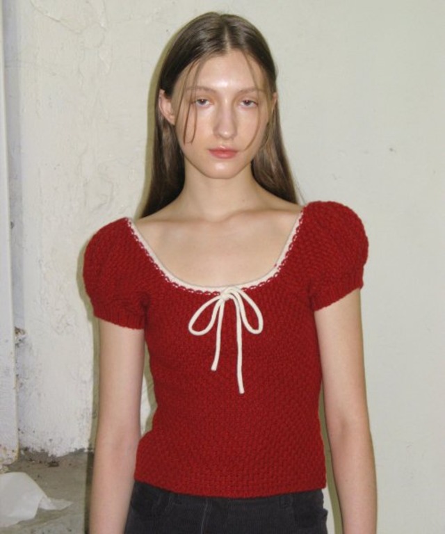 [SINOON] PUFF HALF KNIT TOP (RED)