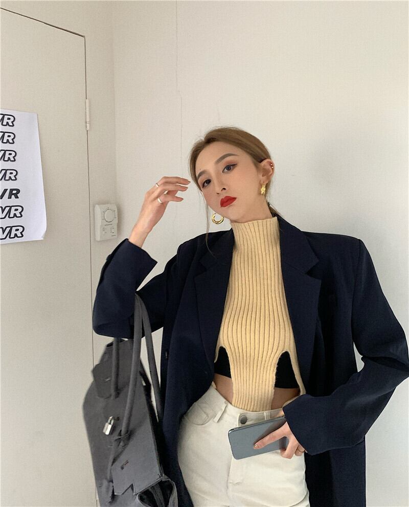 アプリコットニットタートルネック中空ノースリーブチョッキベストレディース秋新作ルーズ長袖セーターコートジャケット ブラックストロベリース77138197252