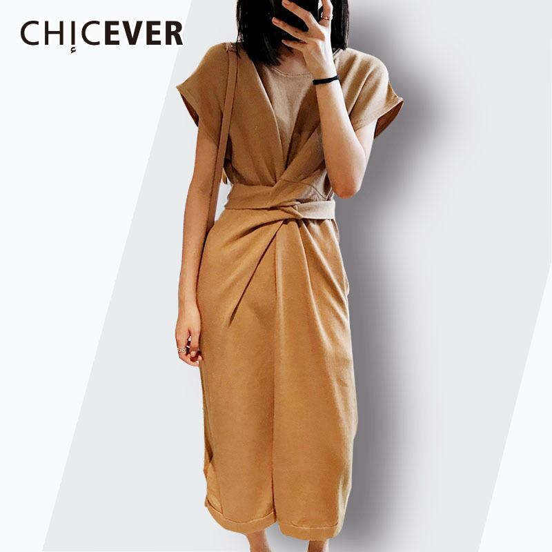 CHICEVERニットサマードレスレディース2020Oネックウエストバンデージポケット付き半袖裾スプリットレディースドレス ショート ハーフスリーブ 夏物 6base515548874523