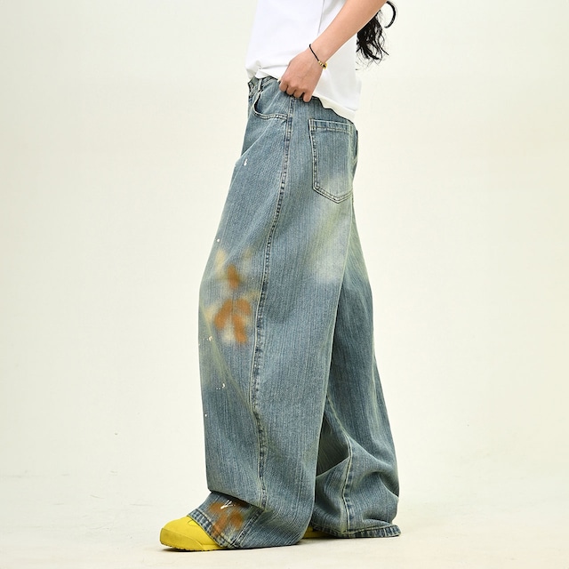 スプレーフラワーアートワイドデニム R01075