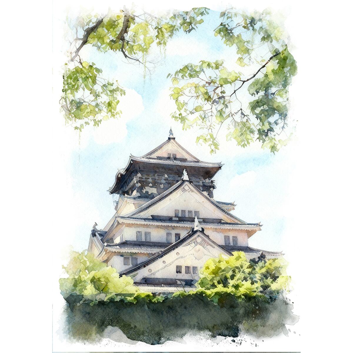 絵画 風景画(街並み) 日本の城 大阪府 大阪城 インテリアアート額付き