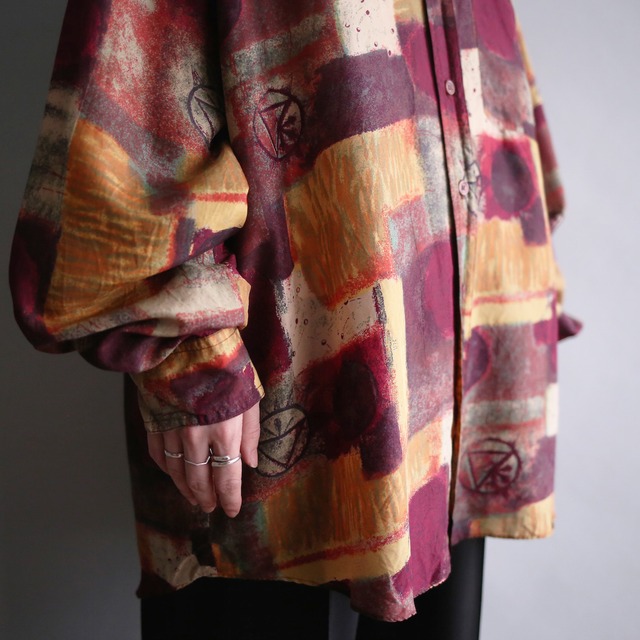 dark tone art graphic loose silk shirt