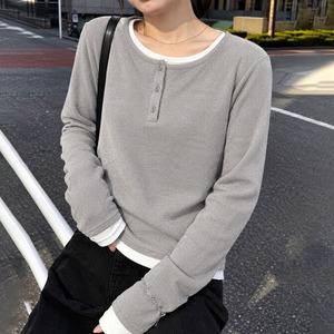 リブ カットソー レディース 秋冬 春 韓国 ヘンリーネック 長袖 バイカラー レイヤード風 重ね着風 前ボタン 伸縮性 細見え 着やせ すっきりシルエット ロンT 大人 カジュアル ストリート 通勤 通学 お出かけ 着回し [LW-CGT008]