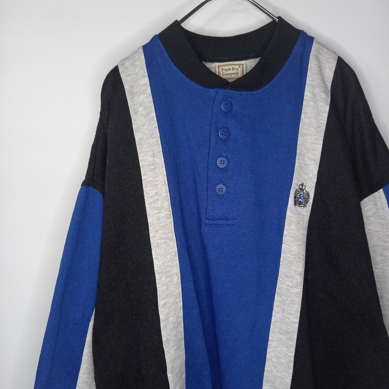 90s　ヘンリーネック　スウェット　トレーナー　長袖　太ストライプ　ブルー　ブラック　L