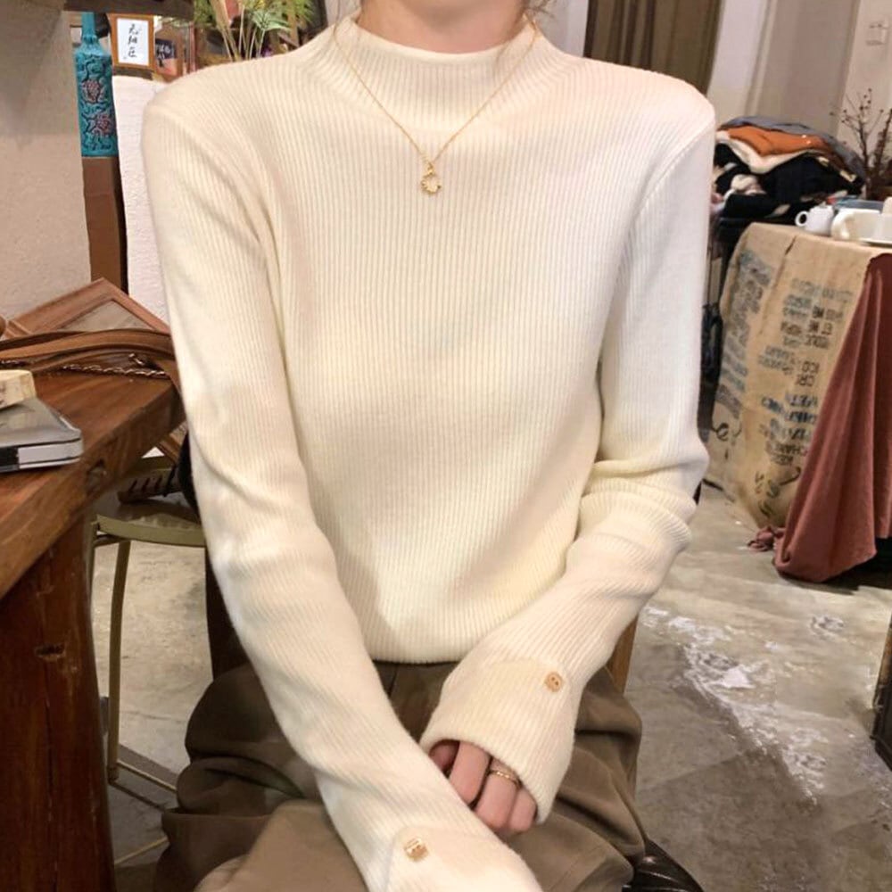 ハイネック リブニット 長袖 レディース 韓国 春秋冬 ニット きれいめ 大人 カジュアル おしゃれ 袖ボタン シンプル 通勤 無地 伸縮性 大人可愛い 大人女子