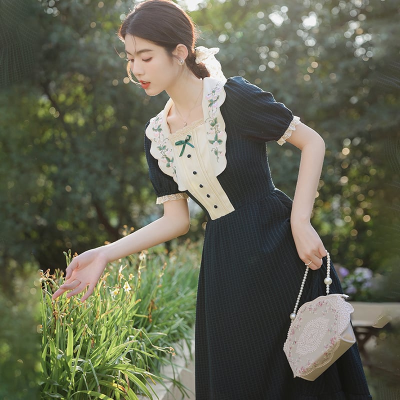 【南柯夢シリーズ】★ワンピース★ 刺繍 女子会 デート セクシー 気質アップ レトロ 緑 半袖ワンピ 夏服 | elegant powered by  BASE