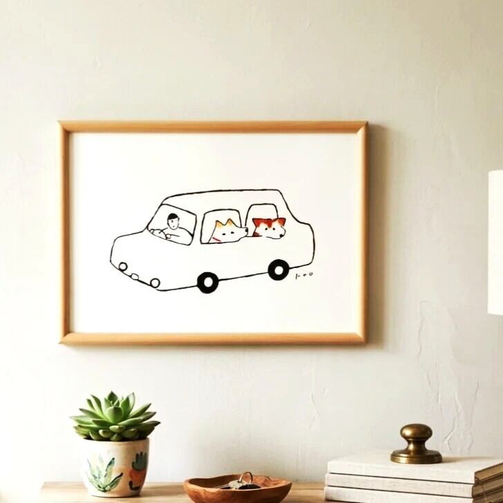 原画「一本道」※木製額縁入り（18㎝角）イラスト・水彩・インテリア