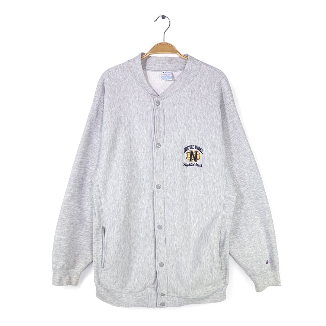 90s チャンピオン USA製 リバースウィーブ ヴィンテージスウェット スナップボタン スウェットカーディガン カレッジ ノートルダム グレー サイズXL 古着 @CF0958