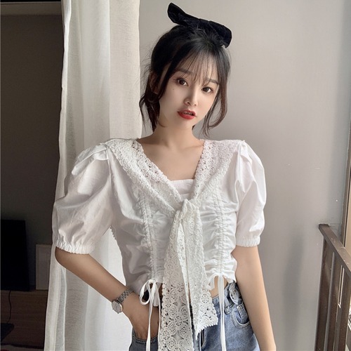 ✞ 花柄レーススリーブギャザーショートシャツブラウス スウィート フラワーデザイン スクウェア ✞ゴスロリ SM ミリ 甘ロリ クラロリ 和ロリ エレガント 黒ロリ 姫ロリ 華ロリ BB-BB6691046