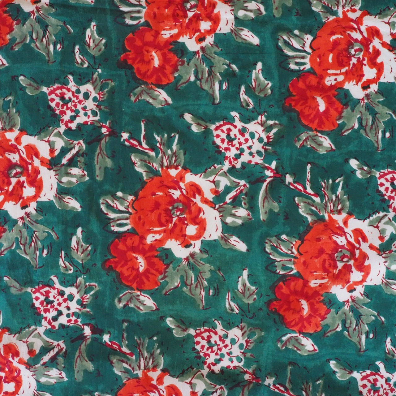 ブロックプリント生地【50cm単位】インド綿 花柄 緑×赤 #17529-GR1