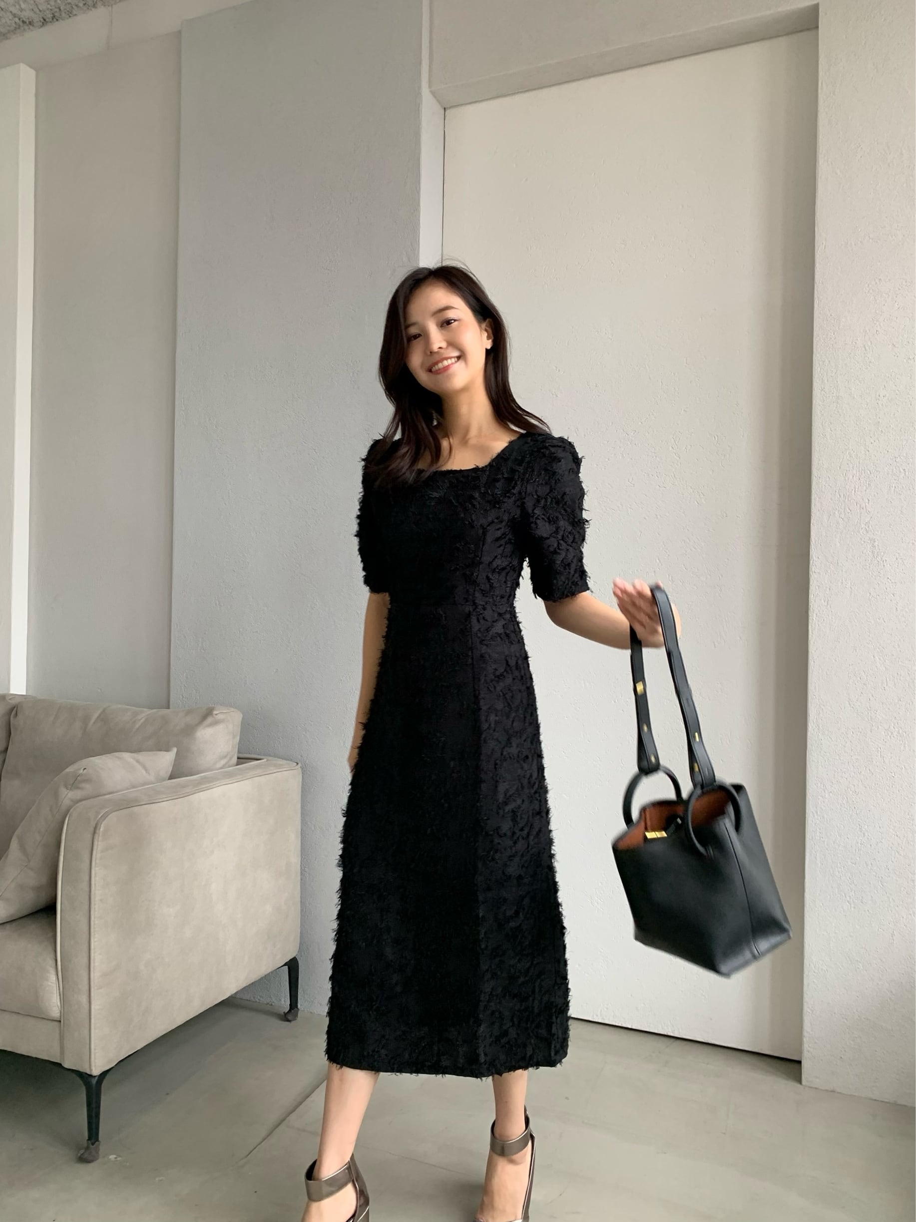 フリンジジャガード パフスリーブワンピース BLACK | on off フリンジジャガード パフスリーブワンピース BLACK | on off