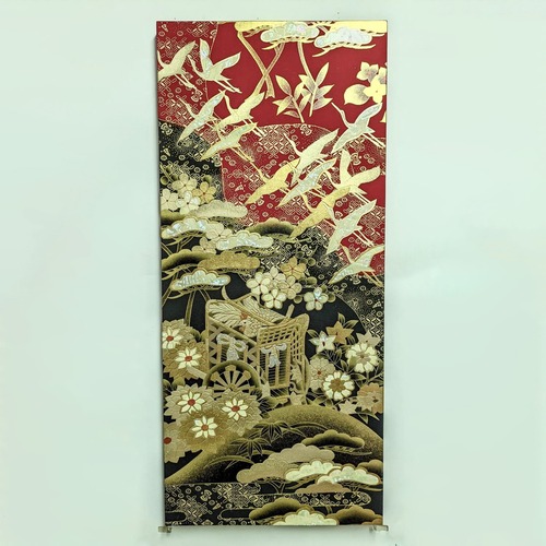 金彩パネル / 赤黒地に御所車に光琳鶴　螺鈿仕様