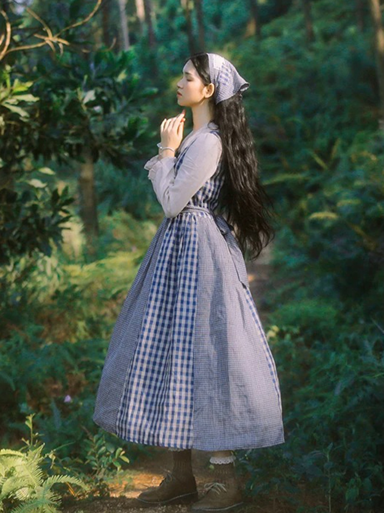 【0174】Patchwork Check Blue Long Sleeve Dress