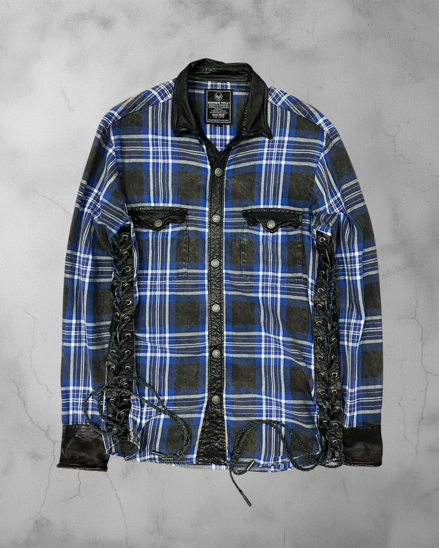 BACKBONE VINTAGE Lace-Up Leather-Trimmed Flannel Shirt