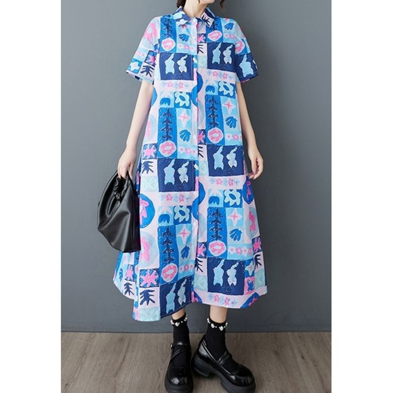 フラワーパッチワークプリント シャツワンピース  30089