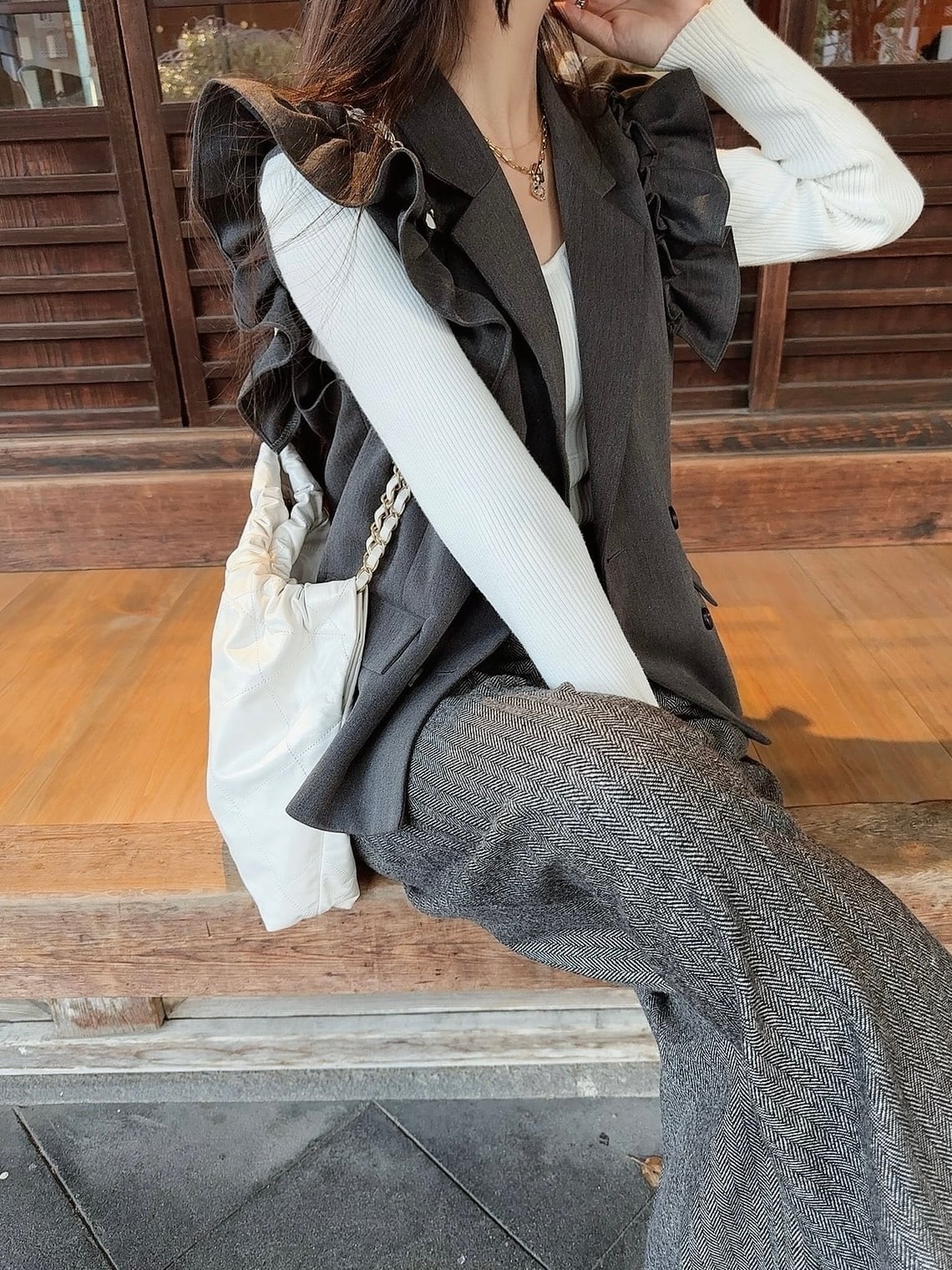 Frill tailored vest / gray（即納商品） | moripon