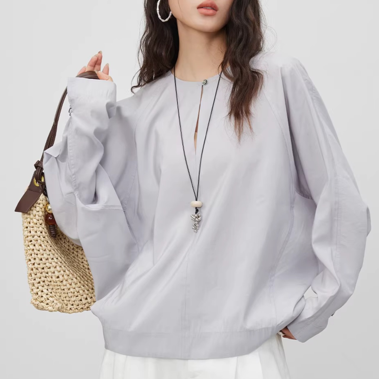 キーネック 七分袖 バルーンスリーブ  ブラウス 00227・画像2