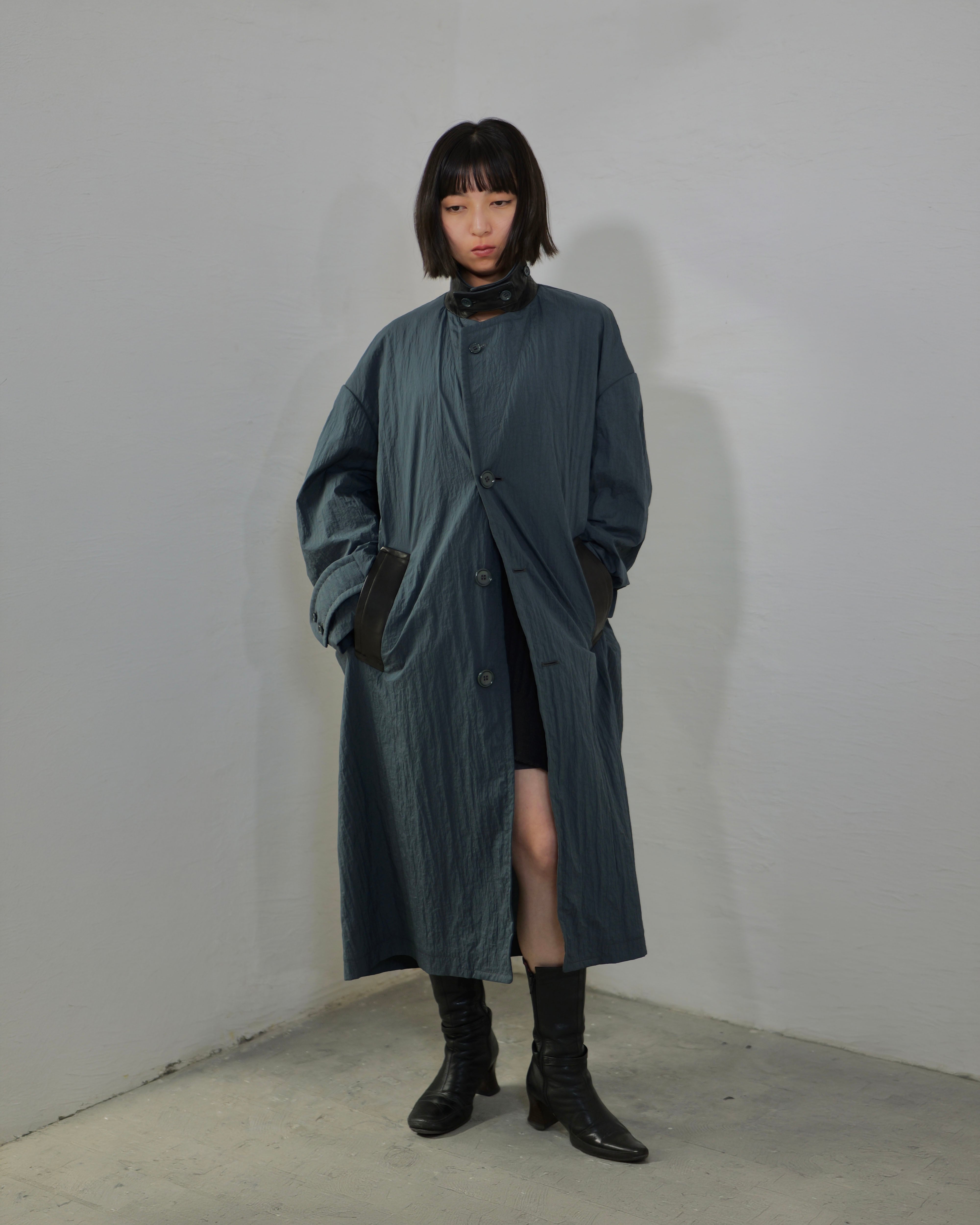 i'm here - Shrink Nylon Grandpa Coat ：Navy｜シュリンク凹凸