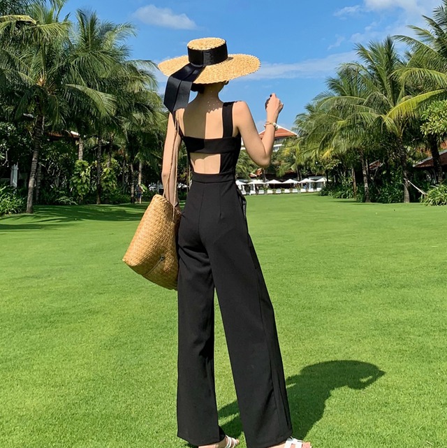 オールインワン レディース ジャンプスーツ S M L XL ブラック ノースリーブ 無地 スクエアネック ファスナー ポケット ワイドパンツ サロペット フルレングス オープンバック 背中見せ バックコンシャス セレカジ ハイウエスト スタイルアップ 脚長効果 体型カバー シンプル カジュアル フェミニン エレガント 大人可愛い おしゃれ 普段使い イベント デート お出かけ 休日 旅行 リゾート ビーチ 南国 ファッション コーデ モテ 送料無料 こなれ感 春 夏