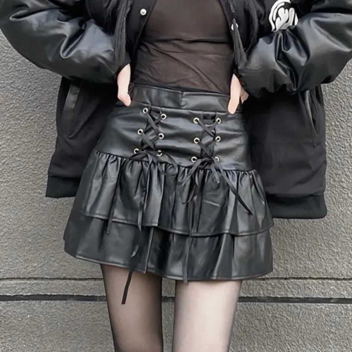 【予約】tiered lace-up pu leather miniskirt