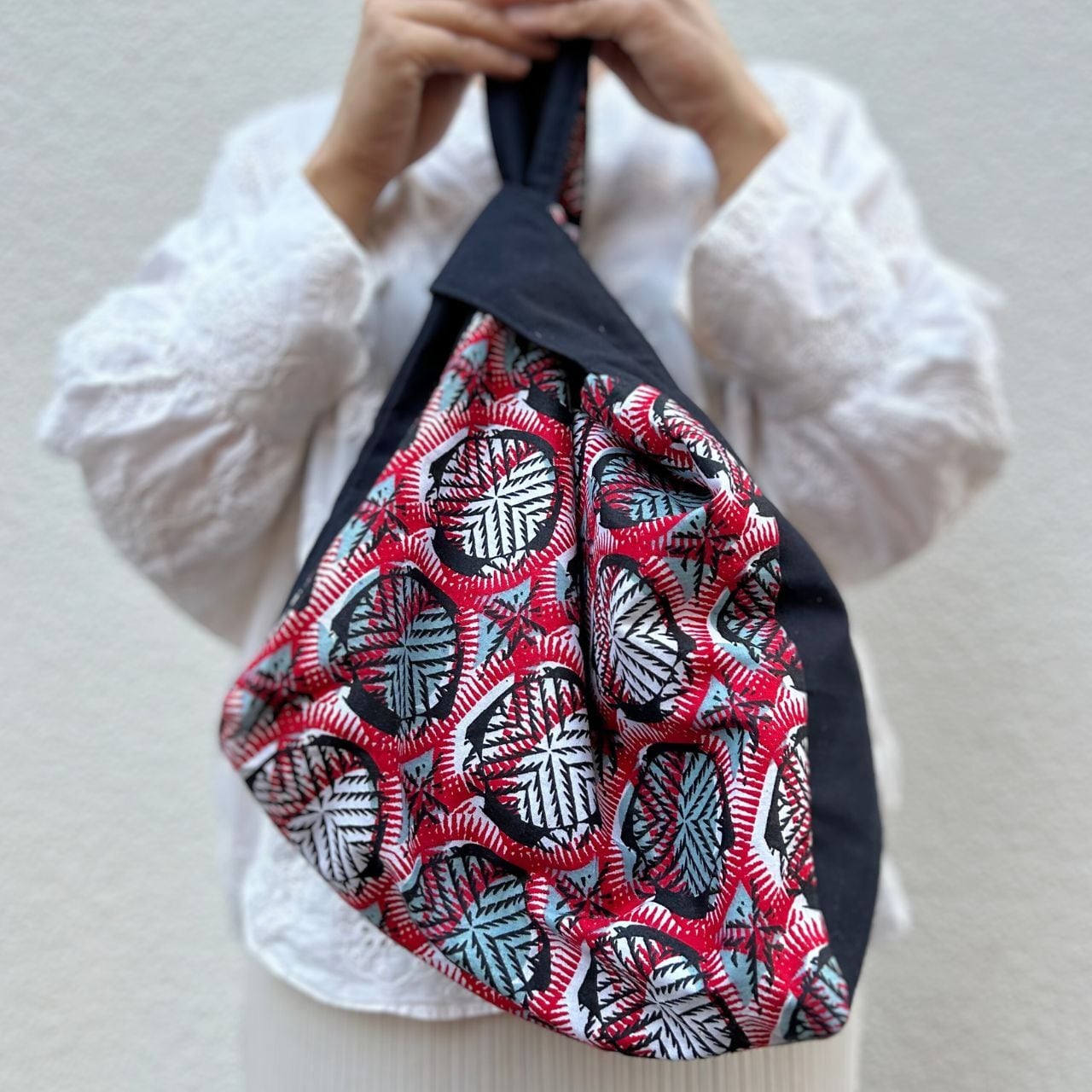 スクエアトートバッグ ネット スカイブルー レッド パープル x