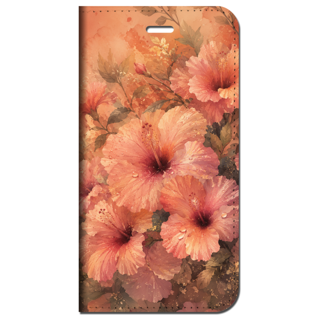 iPhone対応 スマホ 手帳型ケース 夏 ハイビスカス フルブルーム くすみカラー 水彩 シアー 華やか 涼やか ボタニカル リゾート ダスティピンク スプラッシュ 大人可愛い スマホケース スタンド 【iPhone17 / iPhone16e / iPhone16 他 iPhone各機種対応】 |iasmfb04