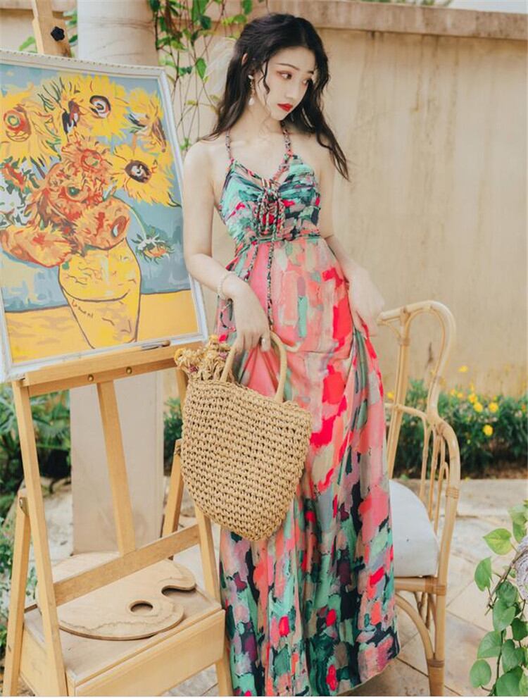 毎日着たいデザイン★ 夏 新商品 Vネック ワンピース ハイウエスト ロングセクション 大きい裾