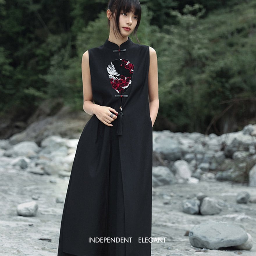中華ゴシック ドラゴン刺繍レザージレ ロングベスト 夏向け｜WithU