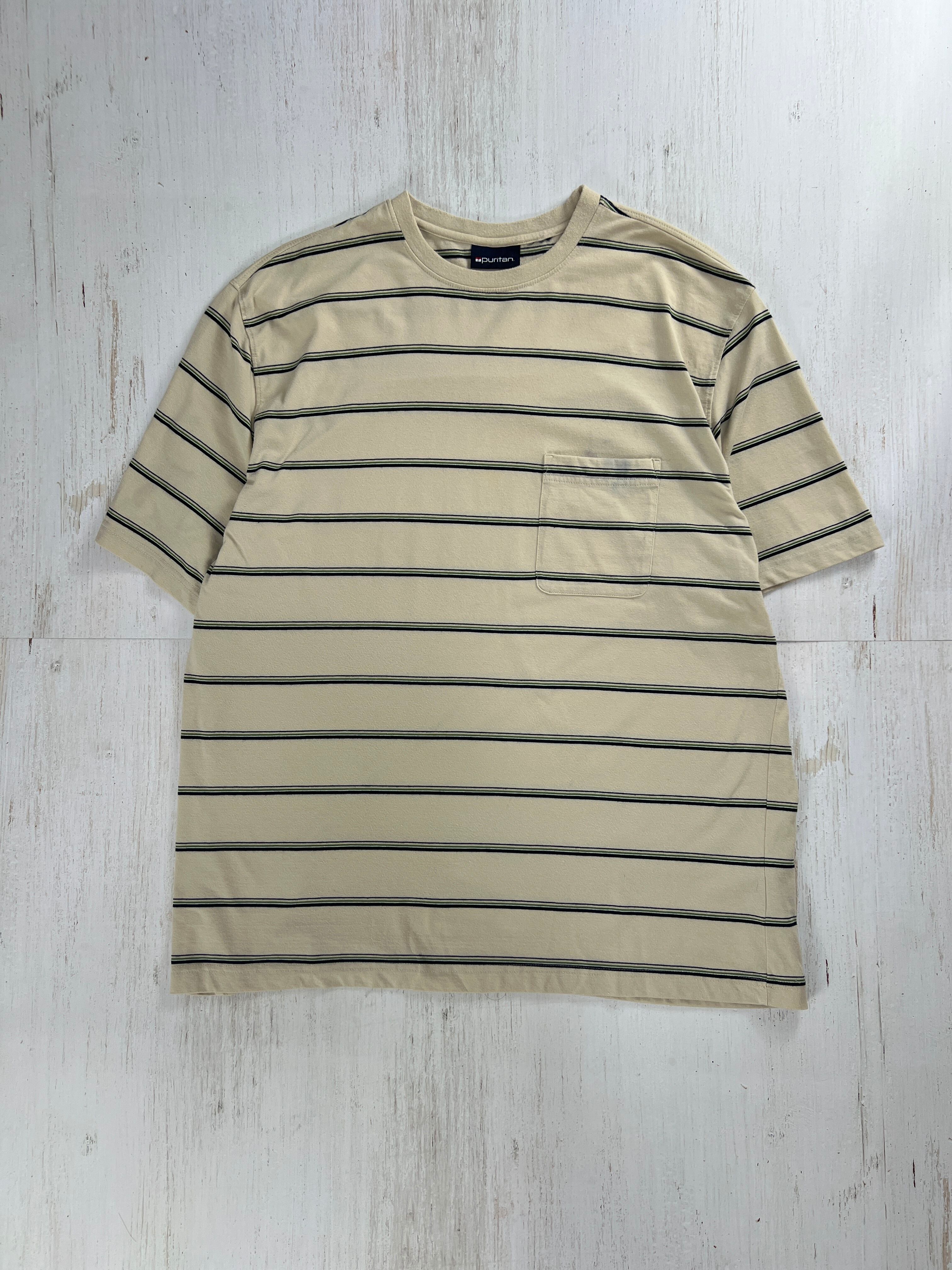 2000's Puritan Beige Striped Pocket Tee – Size L #F542