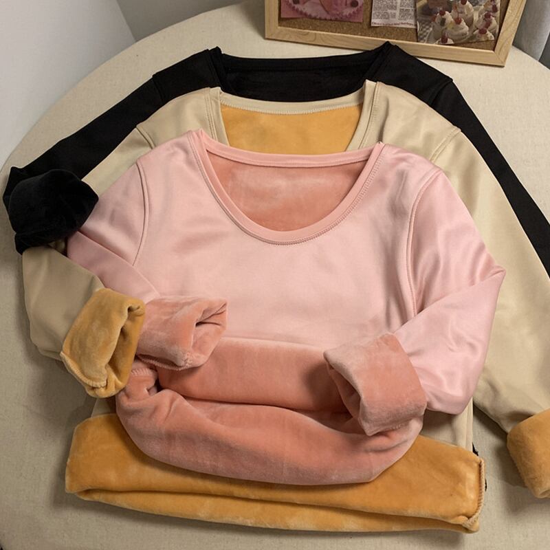 ベルベットシャツ サーマルオータムウィンターラウンドネックソリッド カラートップス ロング 秋物 冬物 Oネック ソリッドカラー 萌量不足93398363990