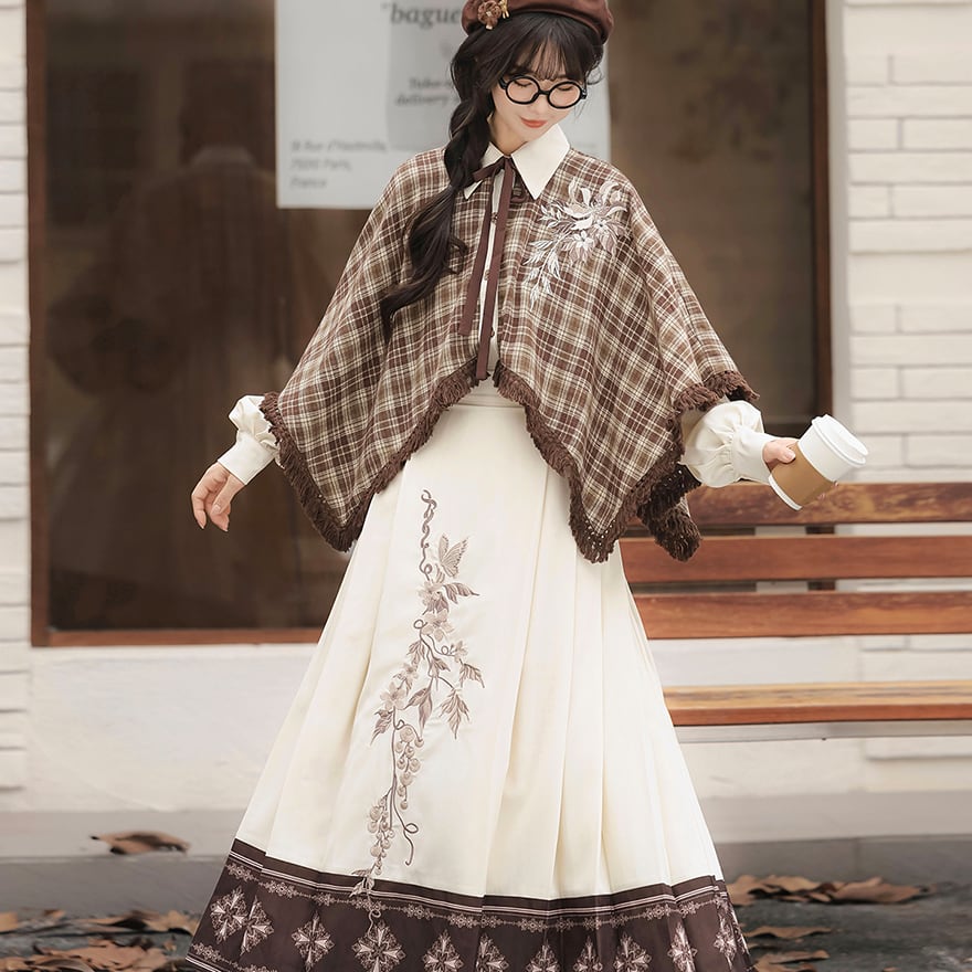 森ガール風クラロリ セットアップ 刺繍スカート 秋柄 シック 控えめロリィタ