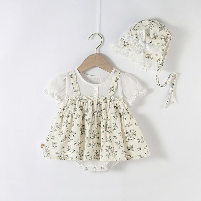 BABY  花柄チュニックロンパース　　ボンネット付き