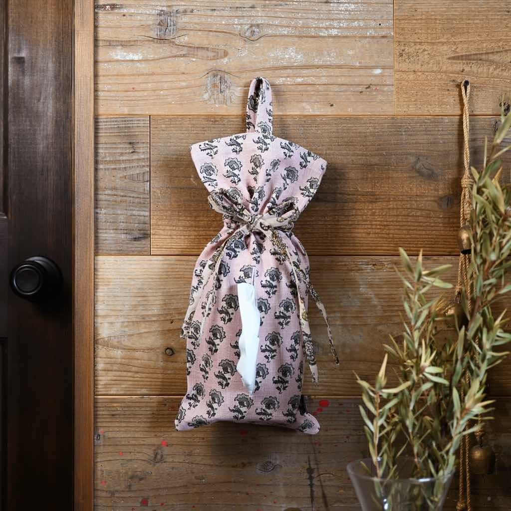 スラブコットンのティッシュカバー ピンク|花柄 取手つき インテリア 雑貨