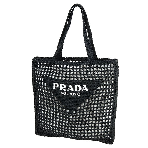 Unused PRADA プラダ トートバッグ クロシェ ラフィア風 ブラック ホワイト ロゴ刺繍 1BG393 未使用