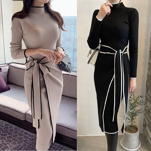 全2色 レディース ワンピース ウエストリボン ツートンカラー ハイネック バイカラー スリム リブニット タイト 膝下丈 上品 デート お呼ばれ ベージュ/ブラック