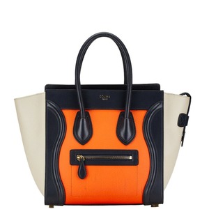 セリーヌ ラゲージ マイクロショッパー ハンドバッグ ネイビー オレンジ ベージュ レザー レディース CELINE 【中古】