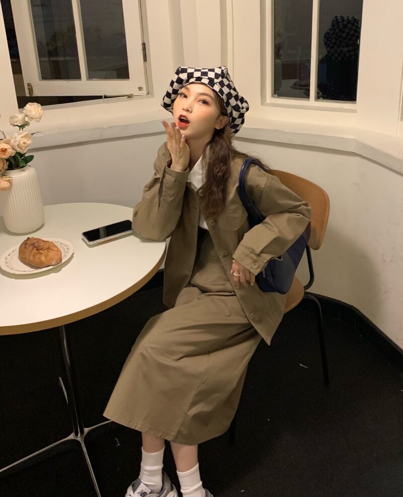 オータムウィンタースタイルラウンドネックジャケット ハイウェストウェストスカート 秋物 冬物 Oネック モンロー73646706763