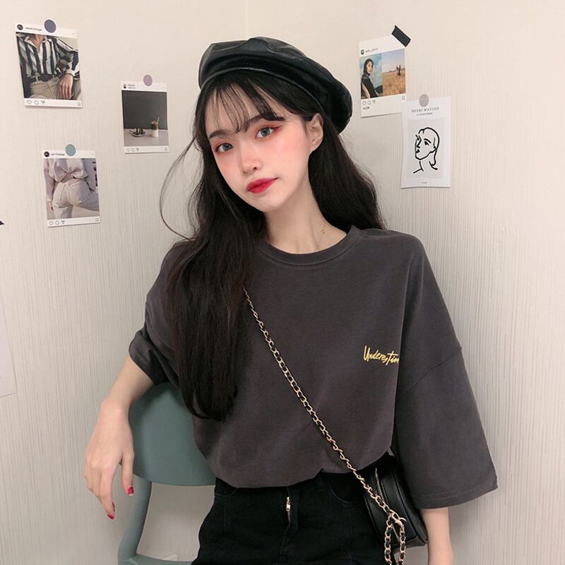 サマーラウンドネックTシャツ ルーズプリント柄トップス 夏物 Oネック スーパーモール91358156729