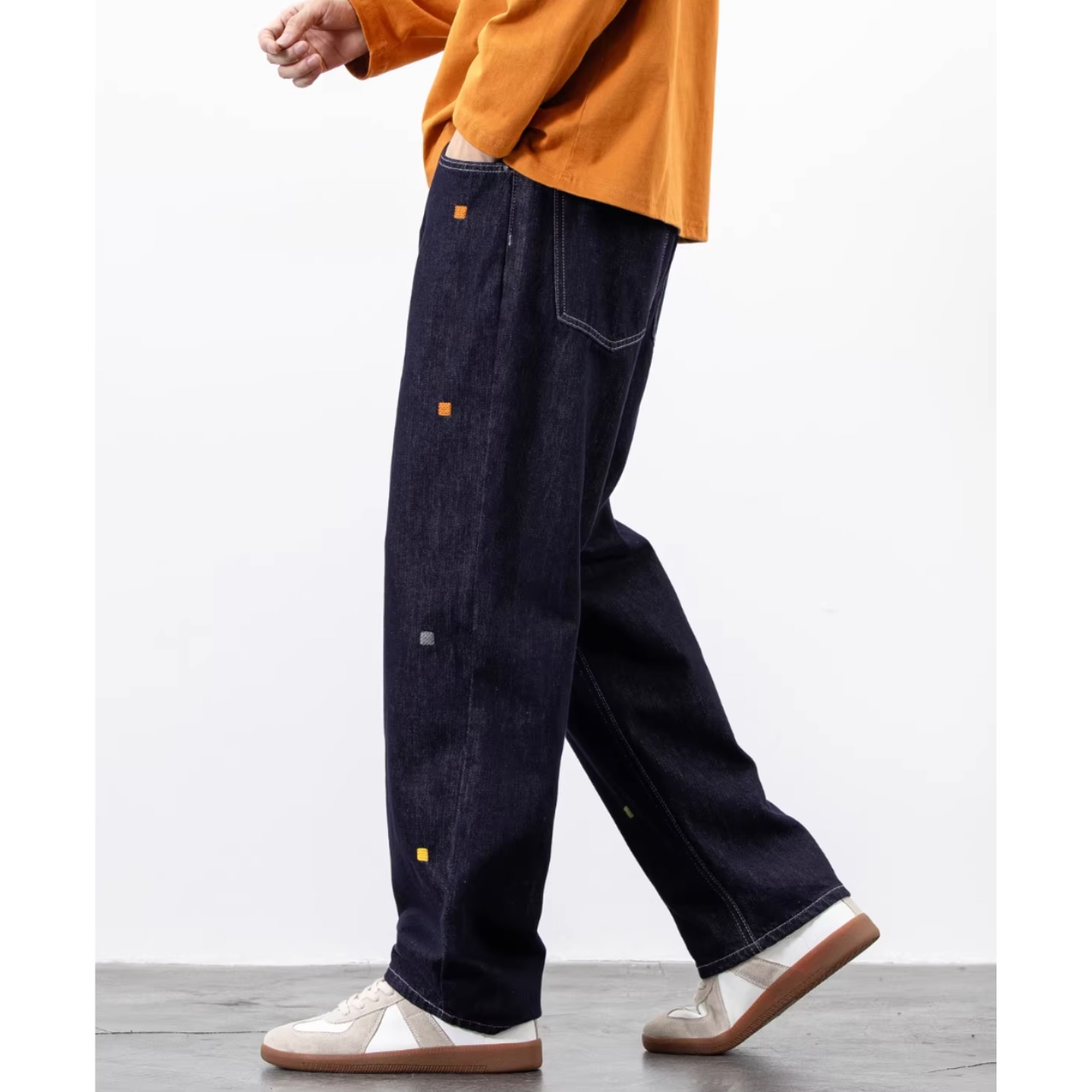 カラーステッチ ワイドストレートデニムパンツ af0364