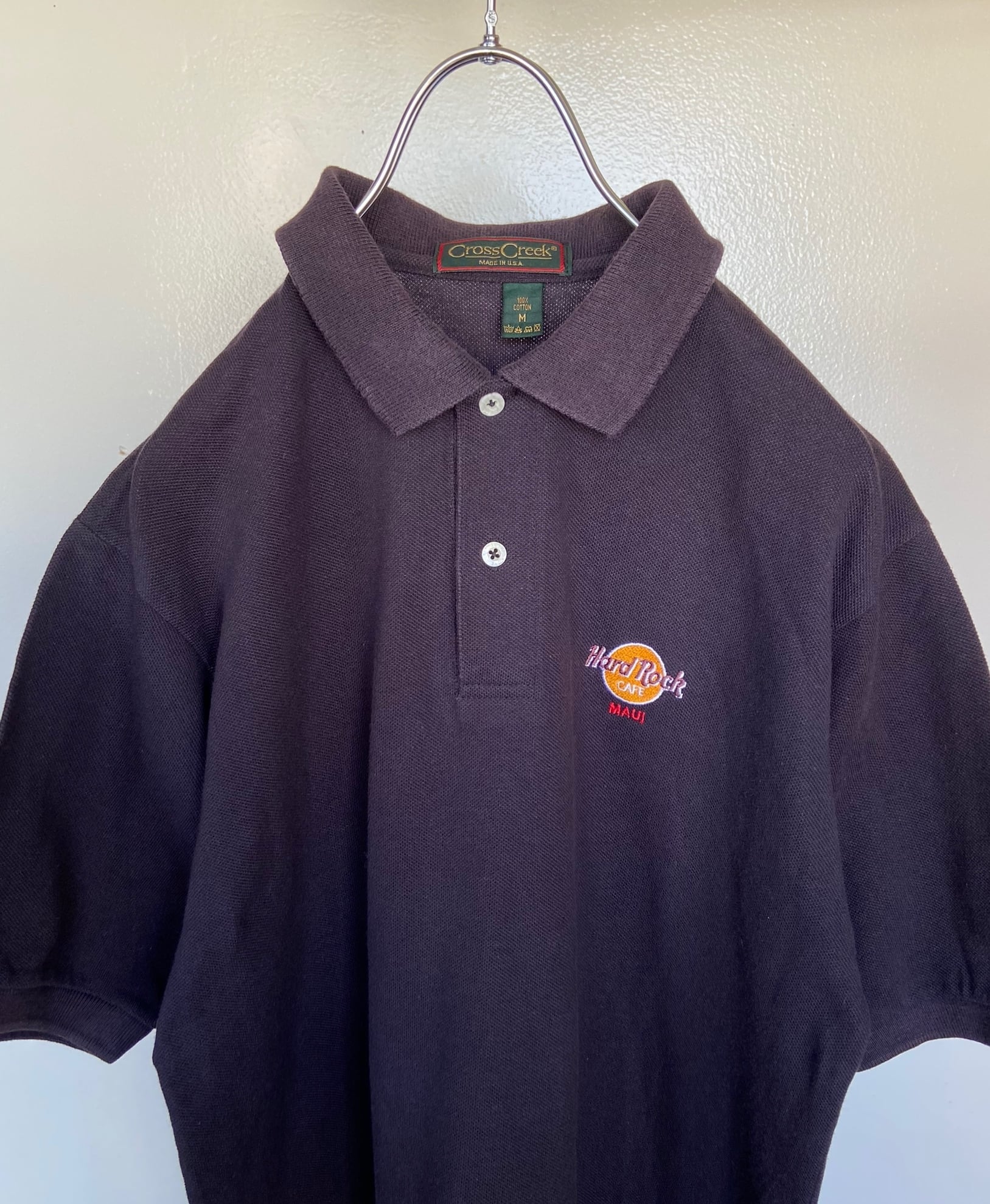 90s 古着 Hard Rock Cafe/ハードロックカフェ USA製 半袖 刺繍ロゴ付きポロシャツ ブラック