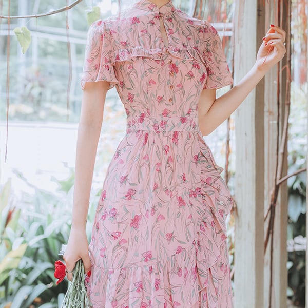 花柄ピンクロングワンピース 半袖 ロジータ ROJITA 花柄ロング半袖ワンピース （ピンク） -ファッション