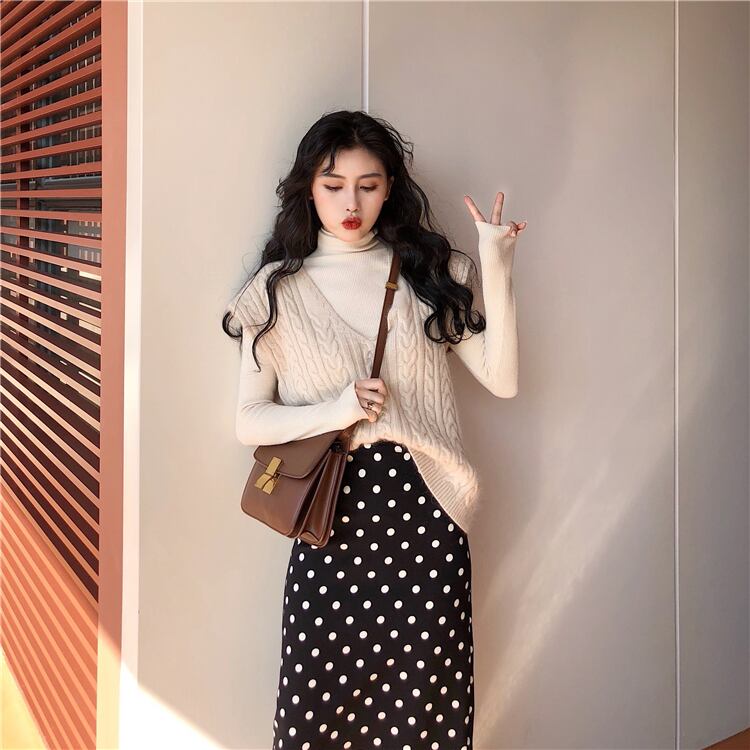 ネットセレブファッションスーツレディース2020年秋ニュースタイルアウターVネックセーターベストハイネックボトミングシャツスカート ドラファッションホール46808455778