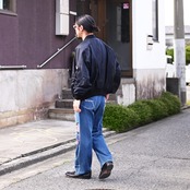 LEH（レー） Bonber Jacket、KUON(クオン）Sashiko Mended Denim Trousersコーディネート