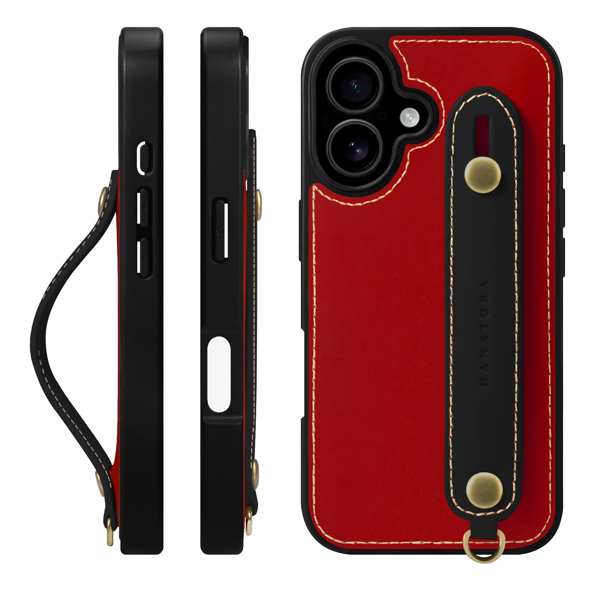 HANATORA for iPhone 17 ケース 本革 耐衝撃 背面ベルト ストラップリング スマホケース スマホ スタンド機能 コードホルダー ガラスフィルム 付き オイルドレザー ギフト レッド+ブラック GH-17-Red-Black