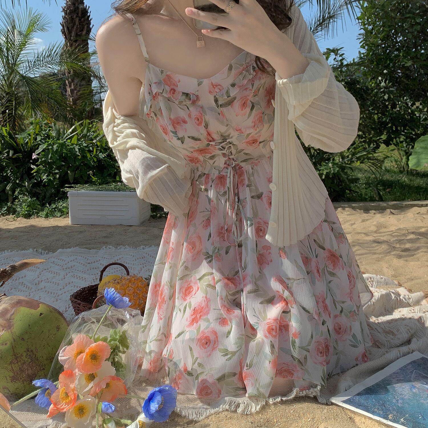 サマードレス フローラルシフォン 大人ガーリー スウィート キュート カジュアル 夏物 花柄 HUCHUJING37842114684