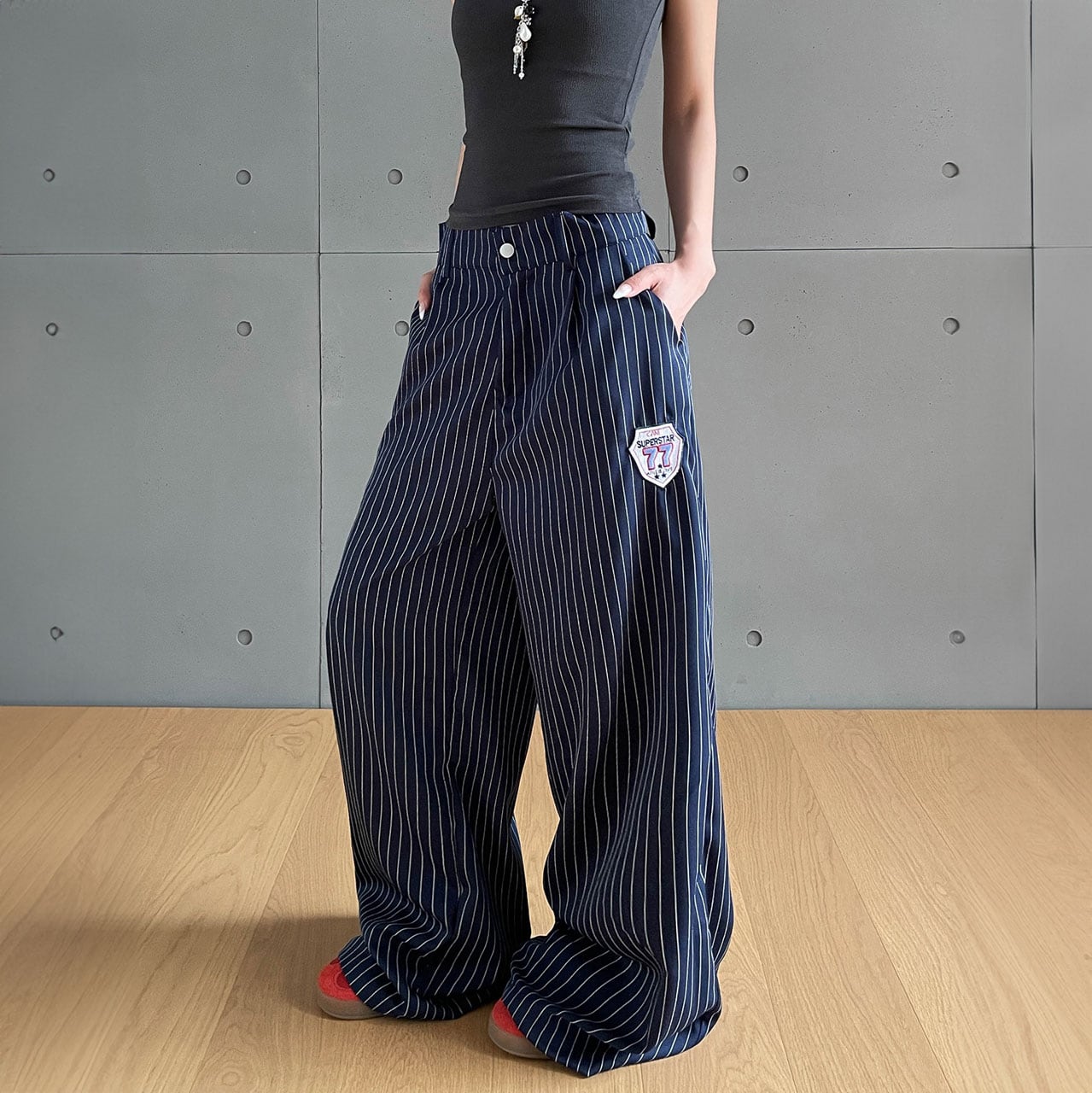 ストライプトラッドミックスルーズパンツ R00641