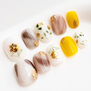 【新着特価】Sun&Beam Nails 手作り ネイルチップ ベリーショート ラウンド 白 マーブル 人気 ニュアンス デザイン おしゃれ 可愛い 収納ボックス付き 10枚 (#05 菜の花・白 ・ S)