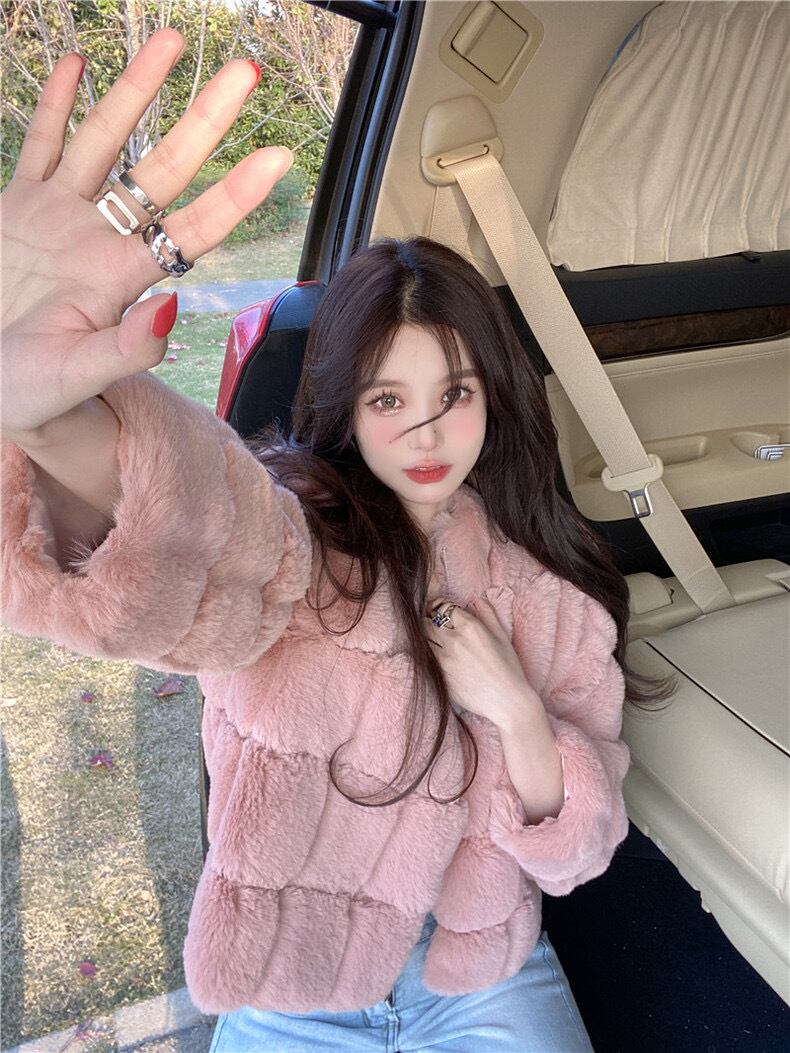 極美品ラビットファーショートコートピンクLサイズ手首にファー